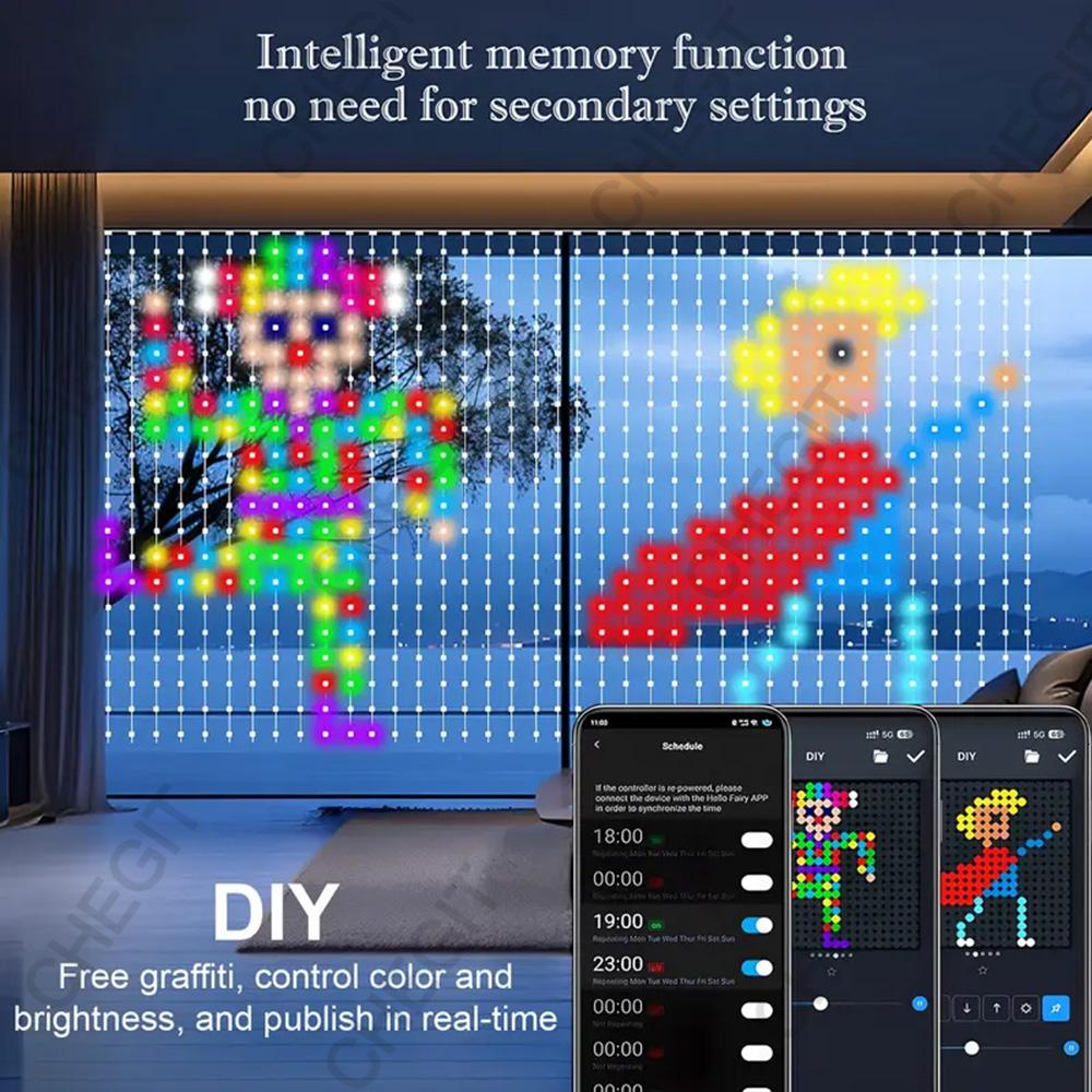 400LEDs Smart Curtain Lights Bluetooth App Control DIY LED String RGB Fairy Lights Music Change Display for Window Bedroom Decor