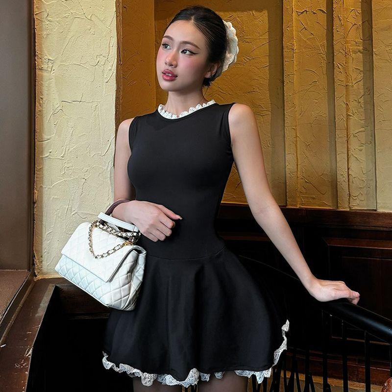 

Socialite Style Ruffles Patchwork Sleeveless Dress 2024 Summer New Arrival Sexy Silm Slim Looking Elegant Little Black Dress Black M