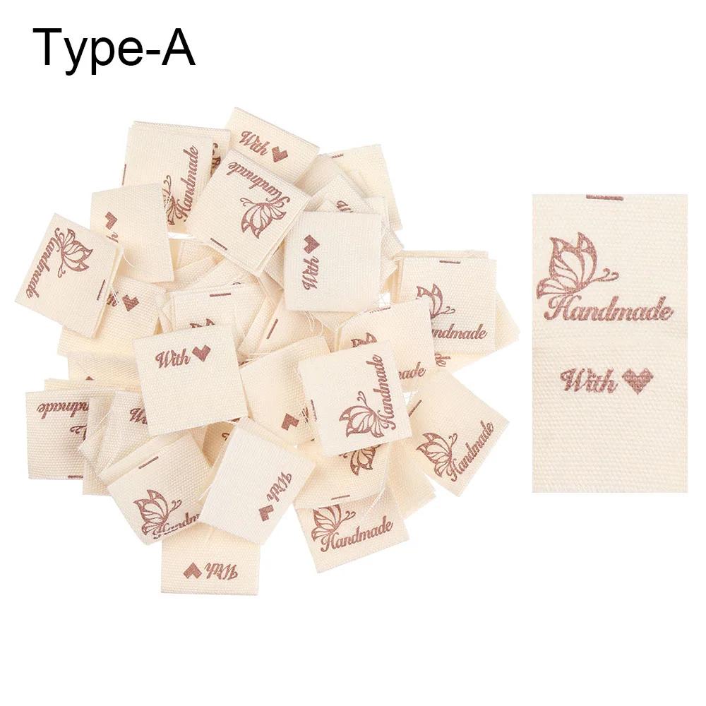 50PCS Heart Shape Cloth Garment Labels Cartoon Pattern Handmade With Love Clothing Tags Woven Knitted Supplies Sewing Accessory