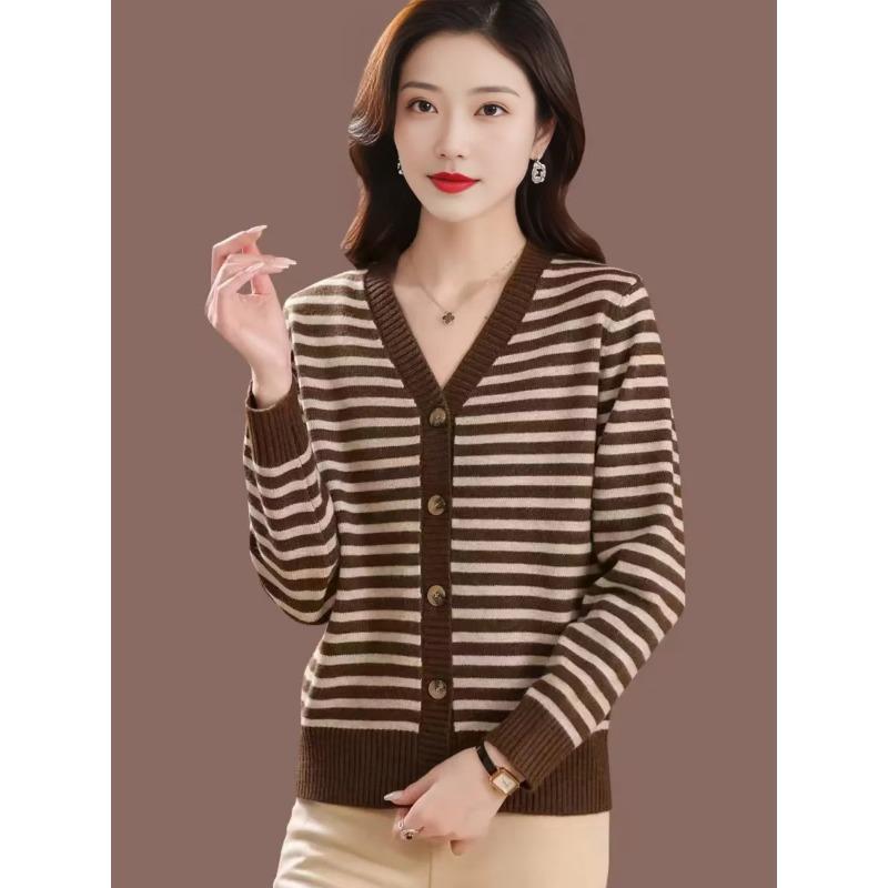 Mom's Cardigan Spring Autumn and Winter Striped Collar Jacket New Women's Knitted Top