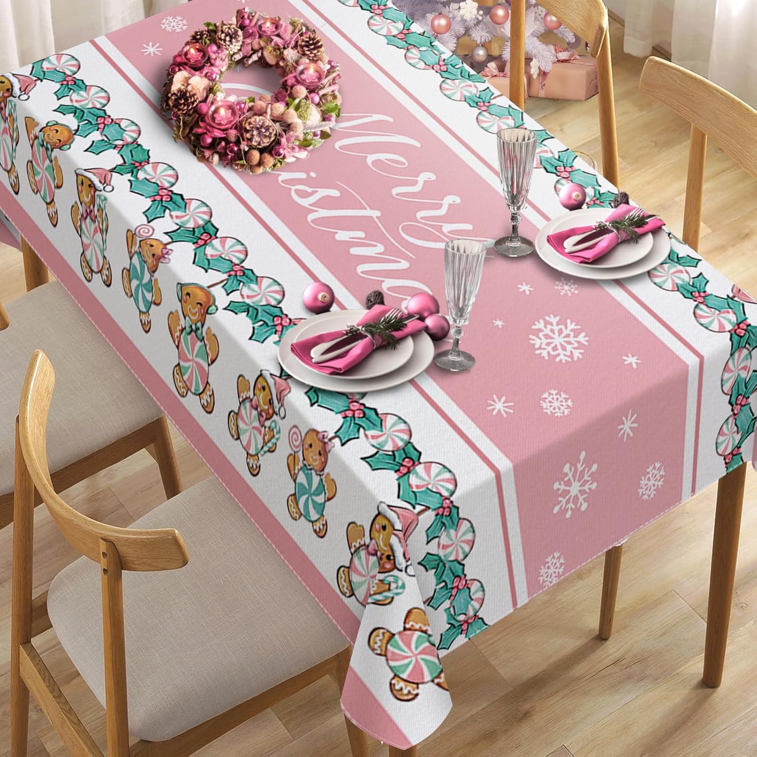Christmas Gingerbread Snowflake Waterproof Tablecloth Table Decor Winter Xmas Kitchen Dining Tablecloth Christmas Decorations 90x140cm