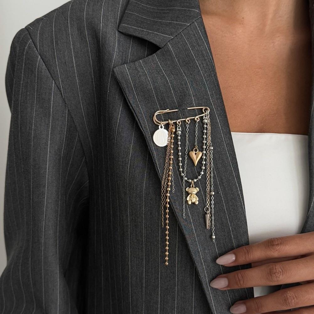 Creative Heart Pendant Pin Trendy Tassel Lapel Pin Metal Bead Chain Brooch  Bag Decoration золотой