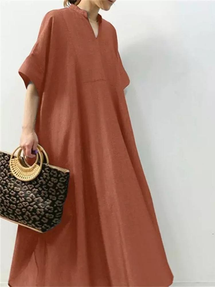 Women's Casual Loose Long Dresses V-Neck Short Sleeve Solid Color Maxi Dress Spring Summer Minimalist Robes Femme