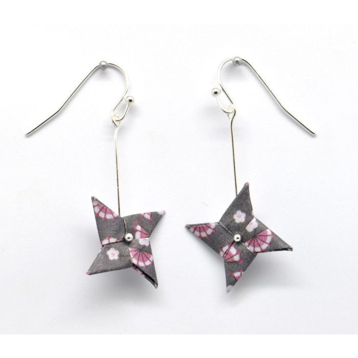 Boucles d'oreille papier Origami Tourniquet Rose gris f.