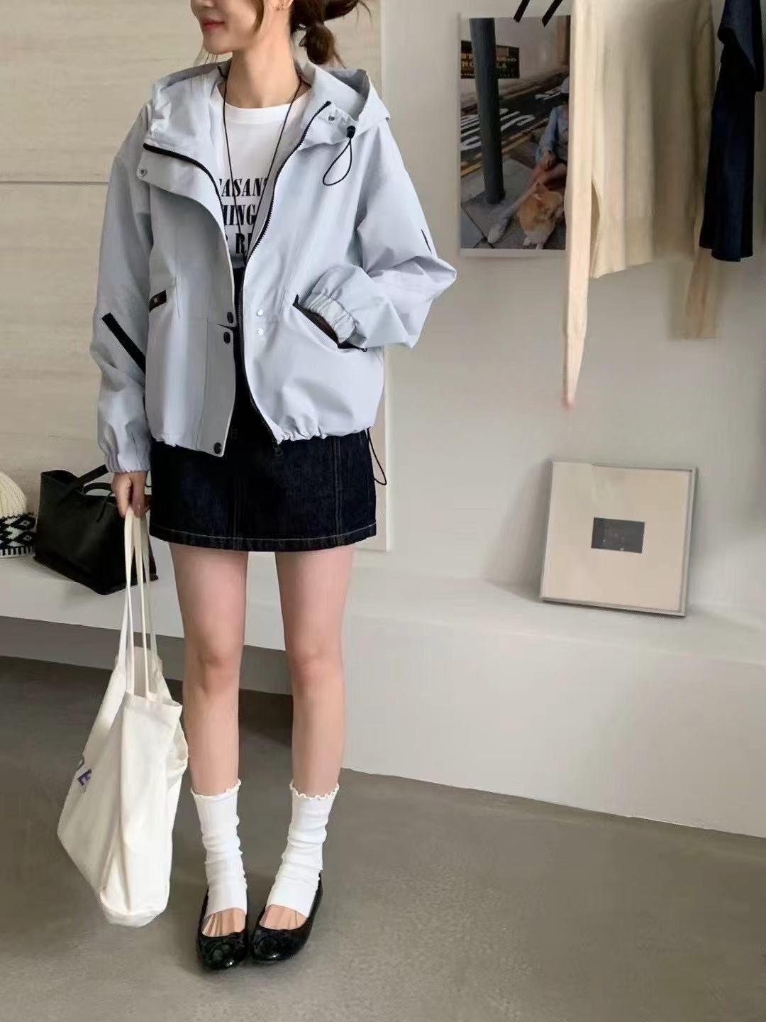 

Корейская куртка-ветровка с капюшоном для женщин - Весна/Осень 2025, Повседневный приталенный крой Medium синий