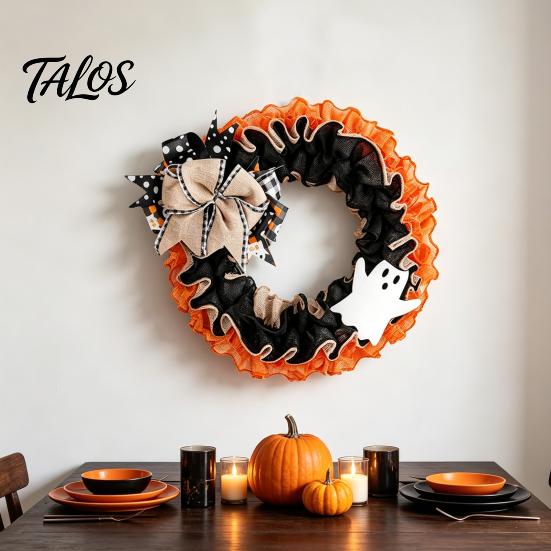 Indoor Halloween Wreath 15 Inch for Front Door, Rustic Ruffle with Shop Window Decor Ghost And Burlap Bow Fireplace Walls Windows Gothic Party