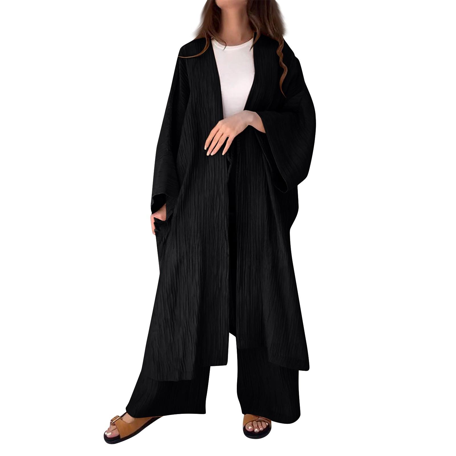

Women’s Pleated Texture Long Sleeve Split Top and Straight Wide Leg Pants Two Piece Set for Autumn Casual Outfits XXXL чёрный
