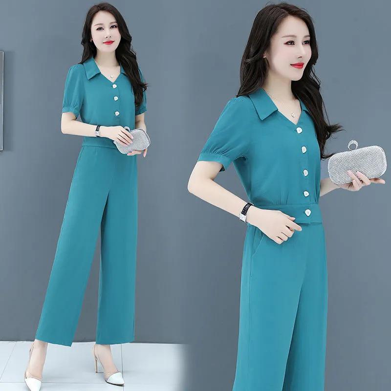 Trendy Dámský Letní Šifonový Dvoudílný Oblek 2025 - Stylová Sada Košile a Kalhot Pro Jaro, Která Omlazuje