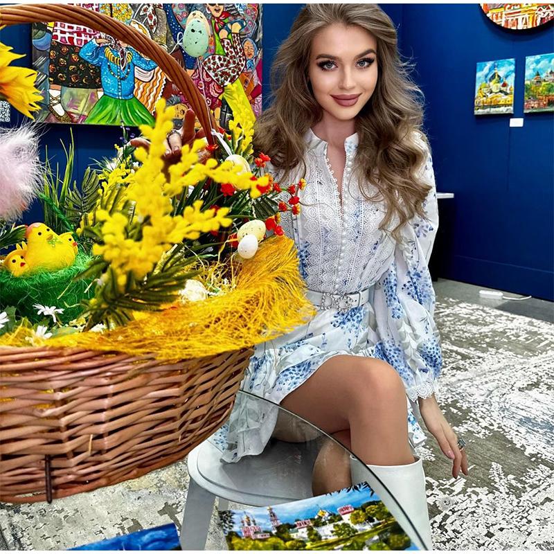 Ladies' Printed Stand Up Collar Bubble Sleeve Long Sleeved Ruffle Edge Short Skirt Casual Slim Fit Dress Blue Print Summer New Collection Waist Dress