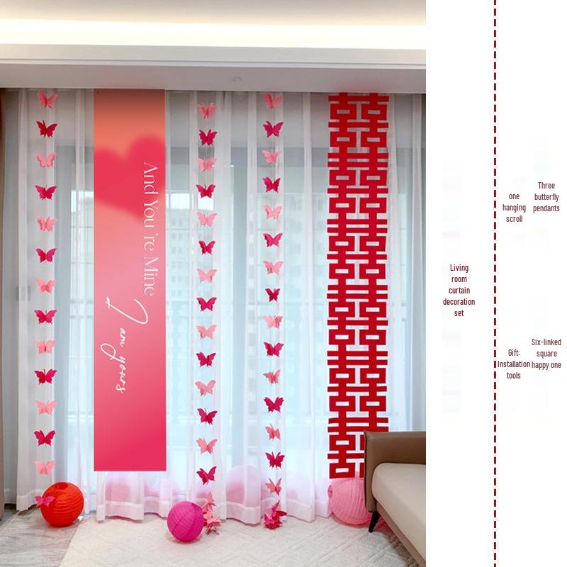 3D Butterfly Wedding Room Decoration Set: Double Happiness Curtains and Pull Flower Ornaments