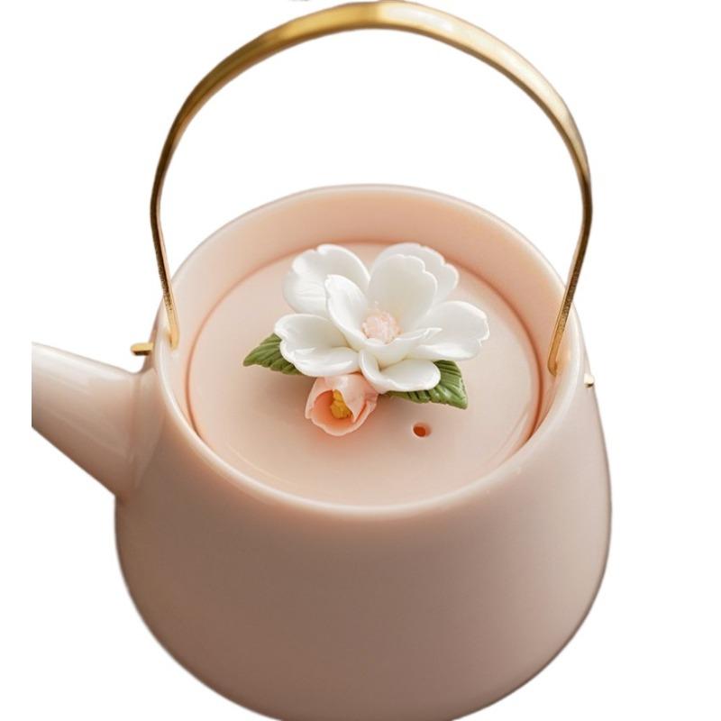 Chinese Porcelain Tea Set, Pink Kungfu Teapot Set with 1 Teapot, 4 Tea Cups, 1 Tea Tray, Golden Handle Tea Pot Teasets for Home Tea Party Women Gift