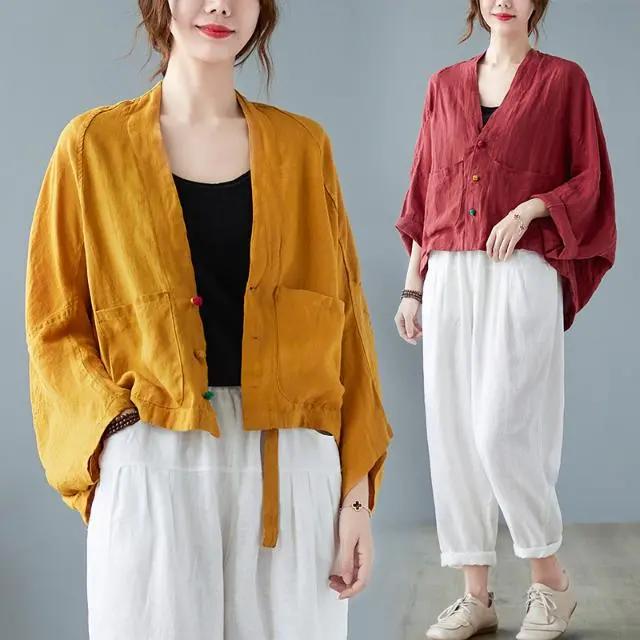Damen Langarmjacken Herbst Vintage-Stil Alleskönner Locker Bequem Baumwolle Leinen Weiblich Lässige Mäntel