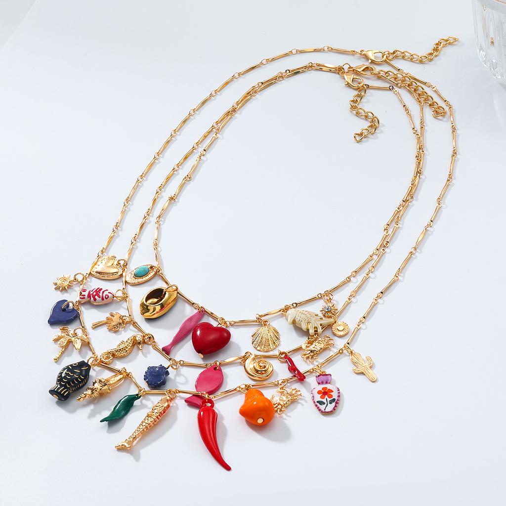 ZAA Personality Irregular Metal Multilayer Heart Chili Fish Pendant Necklaces for Women Vintage Statement Zircon Gifts