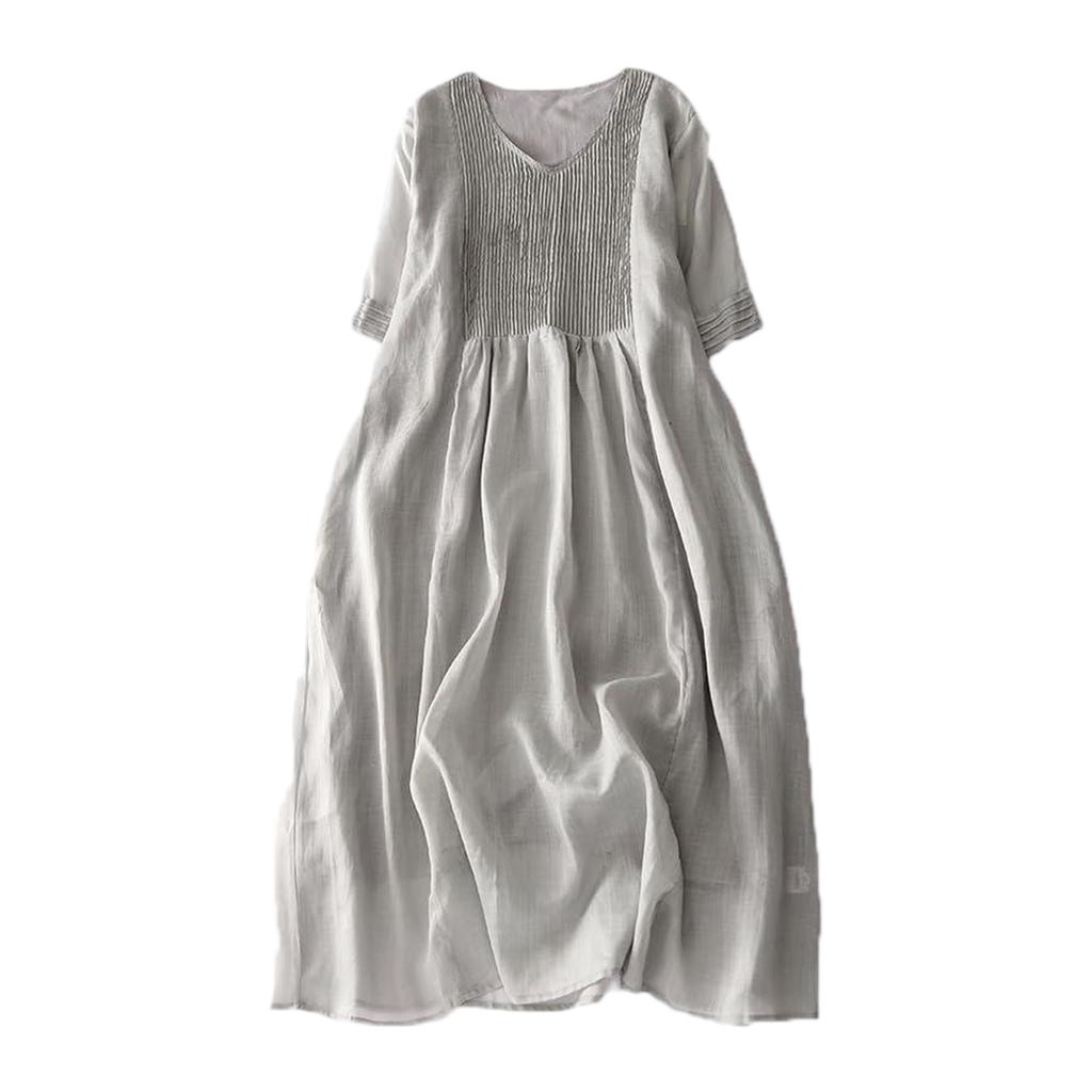 Vintage Style Accordion Pleated Dress V Neck Linen Blend Long Dress Women Lightweight Breathable Casual Loose Fit Dress