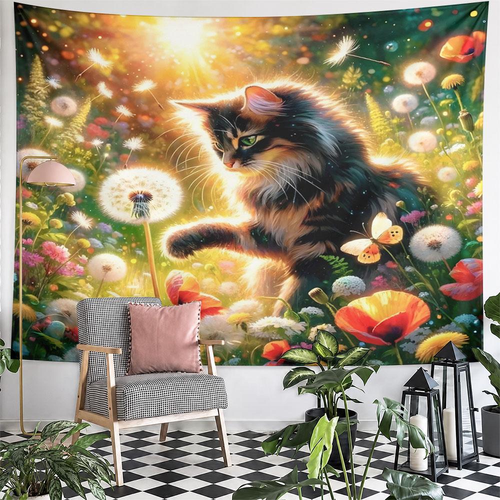 "Cat In Colorful Flower Meadow" Pattern Wall Hanging Tapestry Decorative Tapestry Home Decor for Bedroom and Living Room
