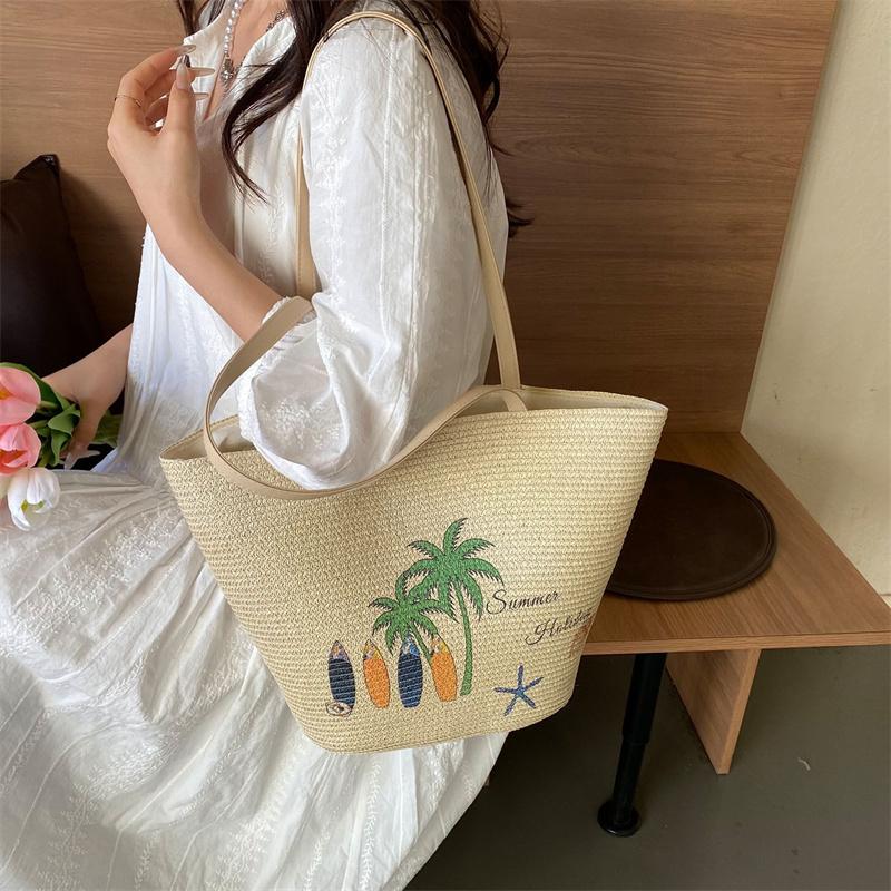 Casual Beach Ladies Large Capacity Shoulder Straw Woven Bag Surfboard Handbag Vacation Beach Grass Tote Bag CLE