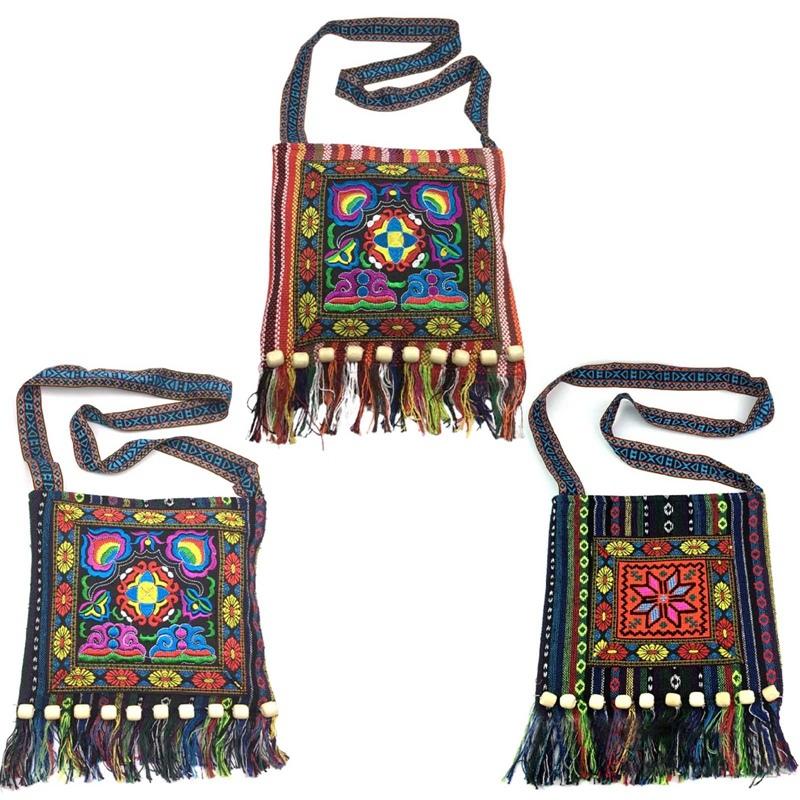 Damen Vintage Tribal Ethnic Thai Indian Boho Quaste Baumwolle Leinen Schultertasche Stickerei Blume Gobelin Tote Messenger Bags