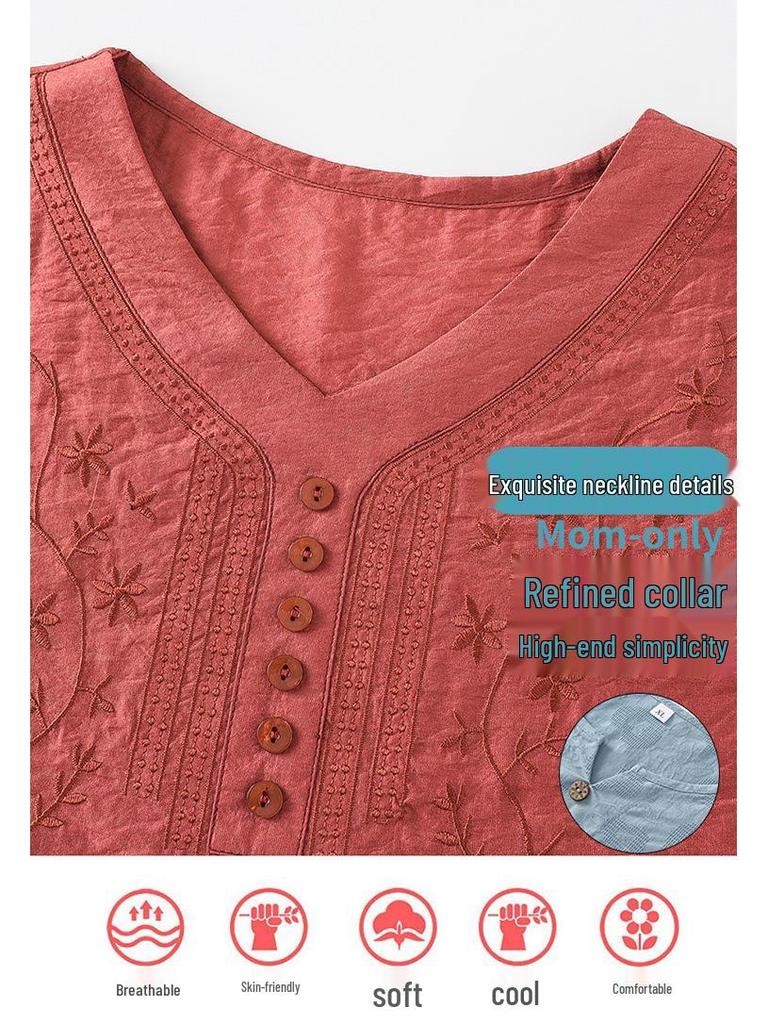 Women's Tencel Linen Embroidered Short-Sleeve T-Shirt & Pants Two-Piece Set - Summer 2025 Collection for Middle-Aged Moms