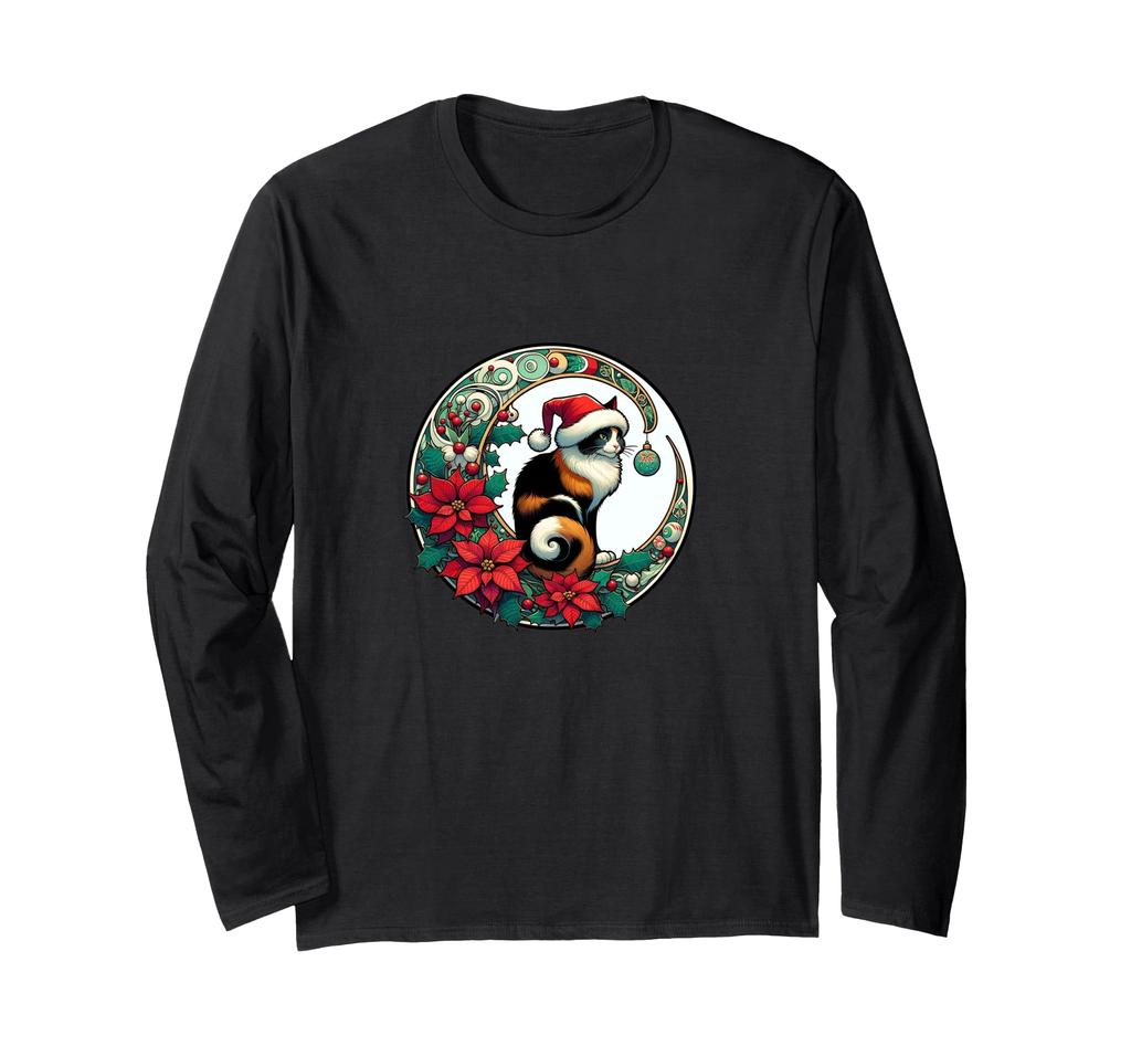 Calico Cat Santa Hat Illustration Art Nouveau Calico Cat Long Sleeve T-shirt