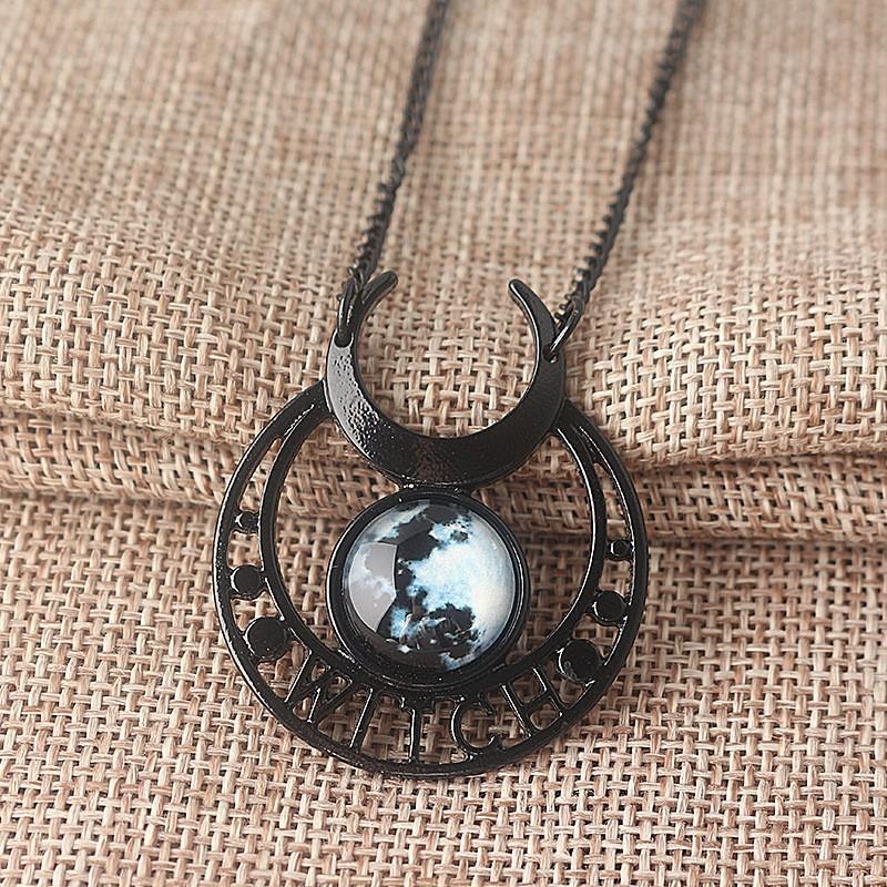 Punk Gothic Moon Necklace With Blue Stone And Cross Chain For Women