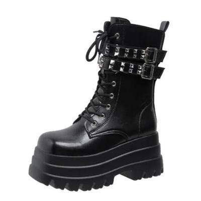 Mode 9CM Plateforme Haute Chaussures Chaudes Bottines Femme Automne Hiver Antidérapantes Combat Punk Fourrure Femme Boucle Cuir Bottes Moto 2024