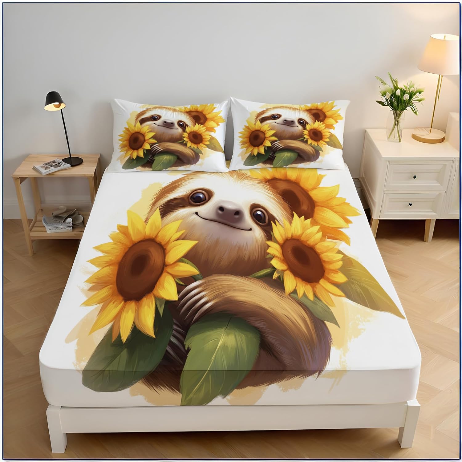 

Sloth Sunflower Fitted Sheet, Animals Bed Sheets Wrinkle Shrinkage Room Decor For Teens Boys Girls,2 Piece Bedding Decor Set 90x200cm