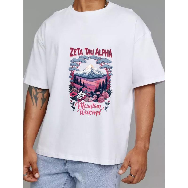 White T-Shirt Zeta Tau Alpha Mountain Weekend Floral and Mountain Scene Design for Outdoor Events and Casual Wear