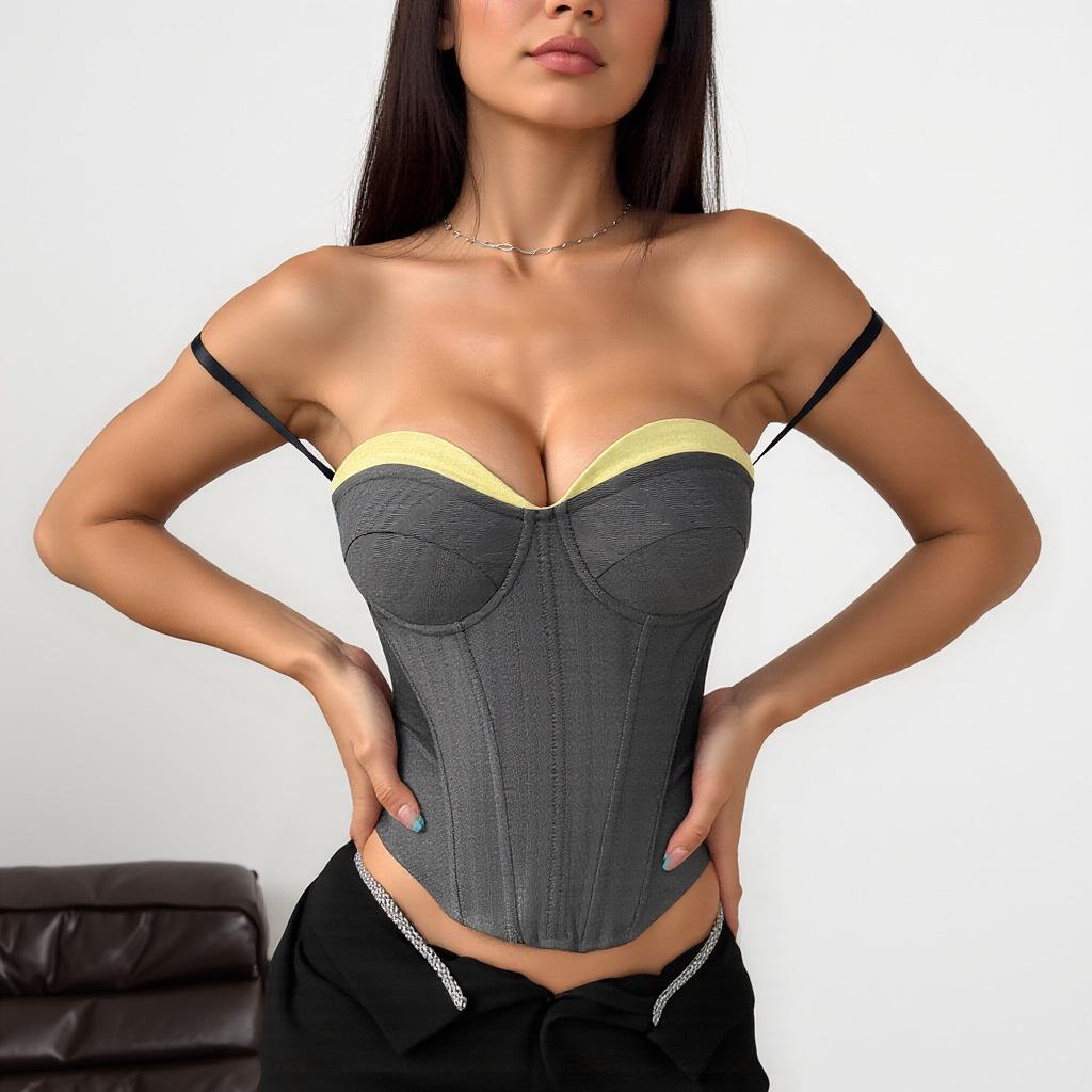 European & American INS-Style Patchwork Color Block Fishbone Chest Shaping Sexy Vest for Women