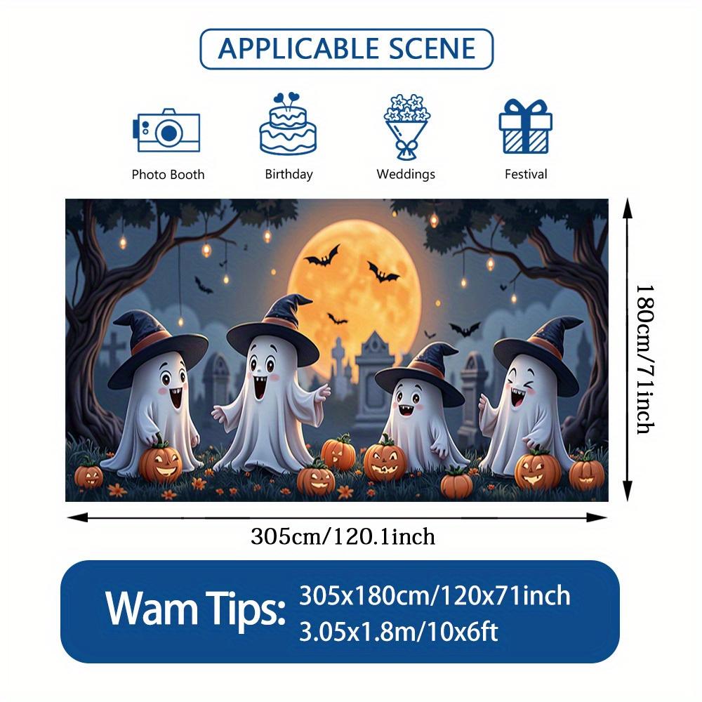 One Large Halloween Garage Door Decoration Banner - Featuring Cute Ghosts Pumpkins Full Moons Bats and Cemetery scenes.PMJ