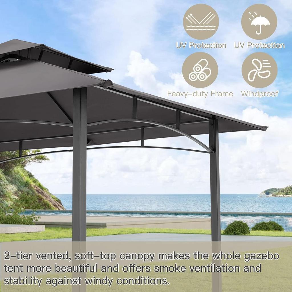 YODOLLA BBQ Gazebo - Double-Tier Canopy, Rust-Resistant Steel Frame, Side Shelves with Hooks 2,4m×1,5m - Gray