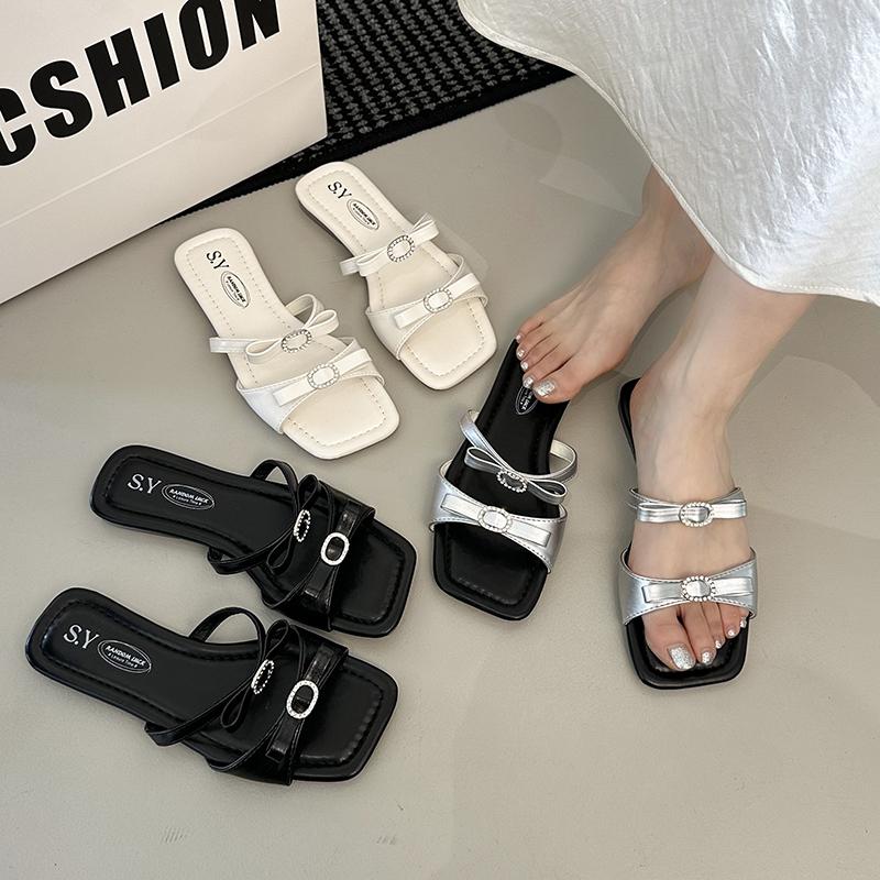 Fashion Summer Designer Dress Slides Beach Shoes Women Bow Flat Slippers Women's Shoes Open Toe Flat Slippers for Women Zapatos Mujer