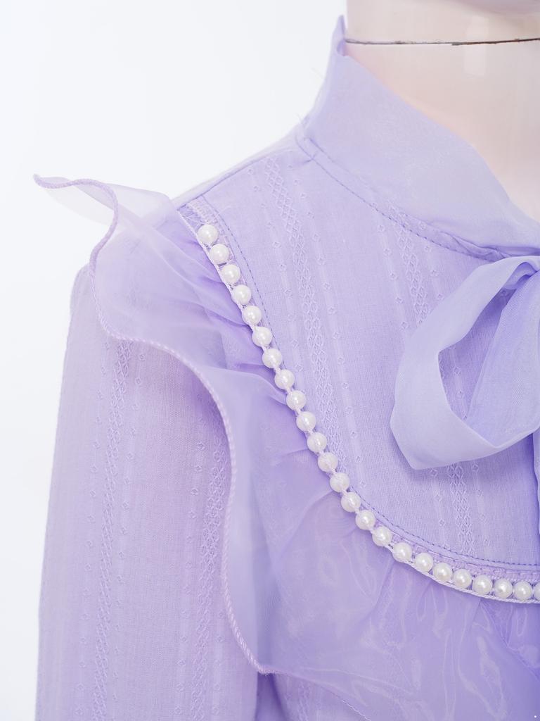 Mädchen Elegante Knopfbluse Schnürkragen Künstliche Perlen Tüllrüschen Langarmhemd