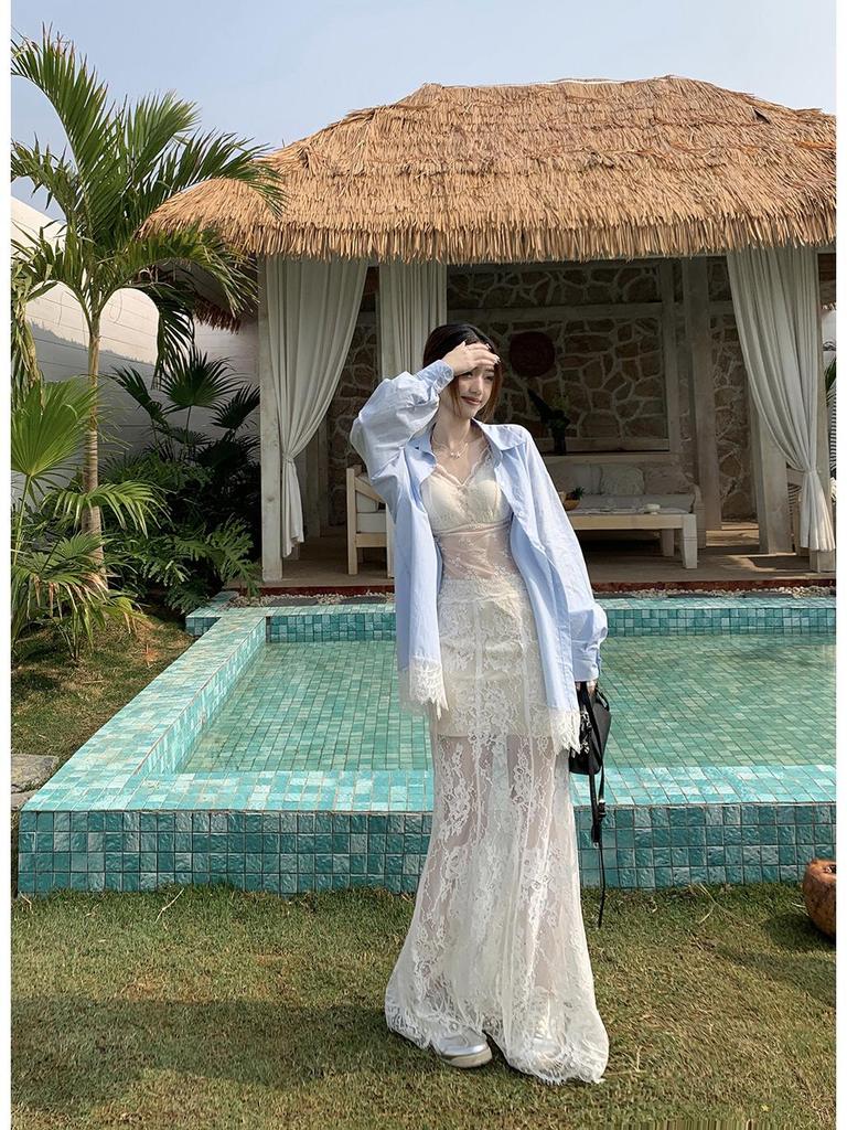 Women's Blue Spliced Lace Shirt Jacket - 2025 Korean Design, Loose Fit, Sun Protection for Summer