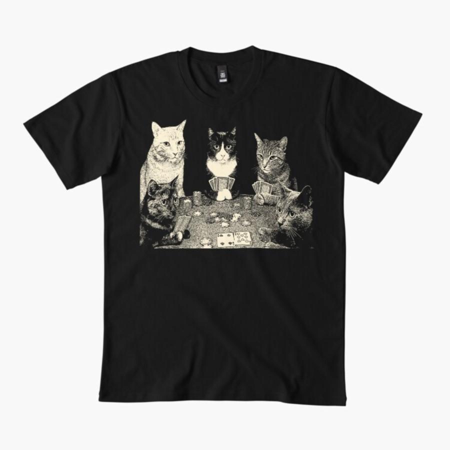 Retro Funny Cats Playing Poker Meme T-shirt For Men Women 100% Cotton T Shirts Short Sleeve Tops 1112-5