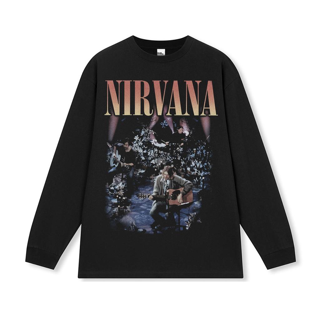 Maglietta a maniche lunghe band Nirvana vintage europeo e americano lavata effetto invecchiato maglietta a maniche corte Nirvana per uomo e donna