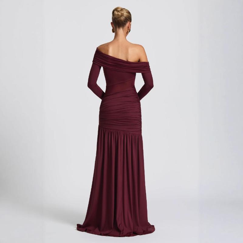 Abito Lungo Sexy da Donna Europeo e Americano Monospalla Vita Piegata Trasparente Off Shoulder in Rete