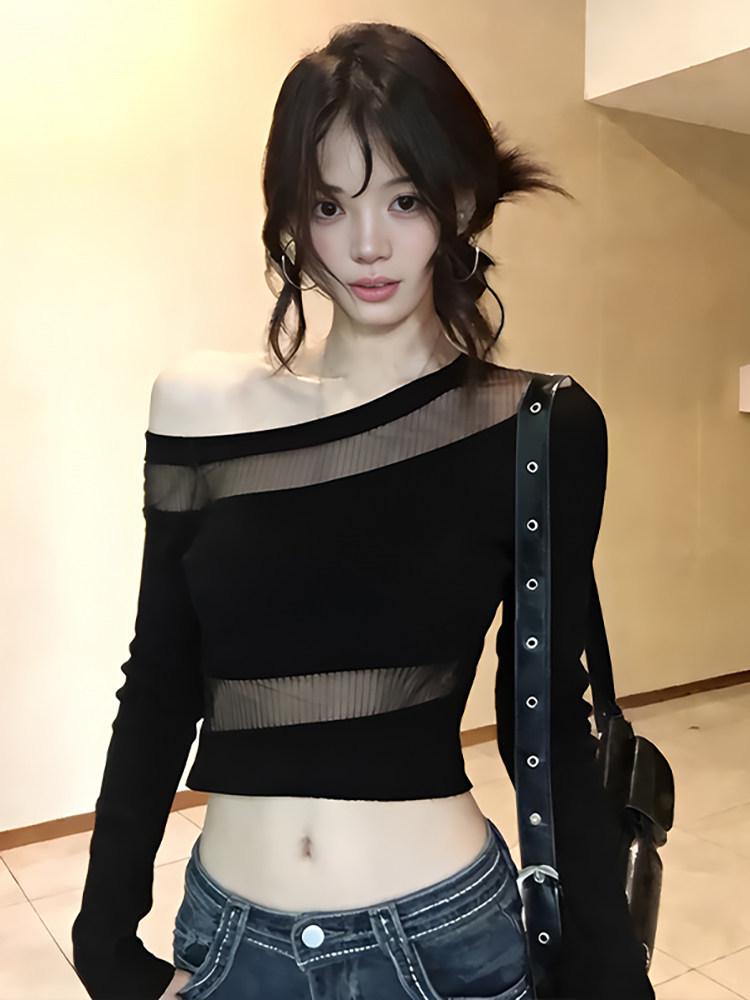 American Style Spicy Off-Shoulder Black Mesh Patchwork Slimming Top Medium чёрный