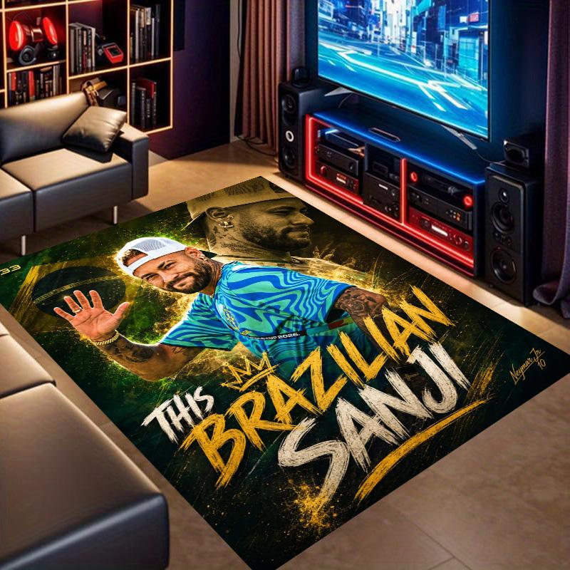 Green Gold Brazilian Style Football Player Print Area Rug, Sports Fan Non‑Slip Floor Mat for Living Room Bedroom Home Decor