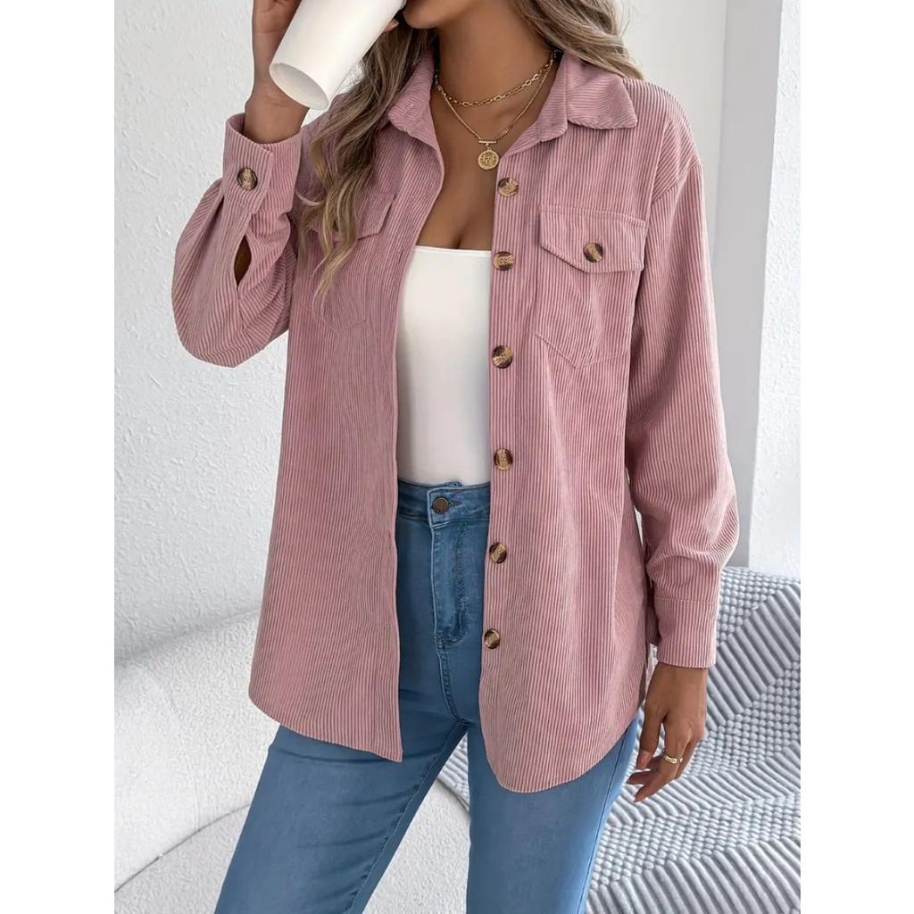 Women's Collar Long Sleeve Loose Solid Corduroy Shirt Casual Pocket Button Down Jacket Blouse
