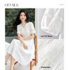 Elegant Cotton V-Neck Puff Sleeve Hollow-Out Midi Dress