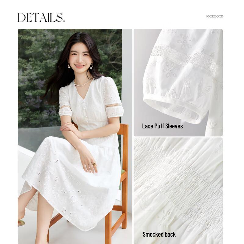 Elegant Cotton V-Neck Puff Sleeve Hollow-Out Midi Dress