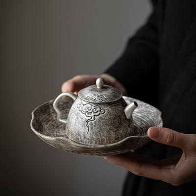 Rock Mud Gilded Silver Teapot Handmade Coarse Pottery with Filter Carved Auspicious Cloud Pattern Kung Fu Tea Set