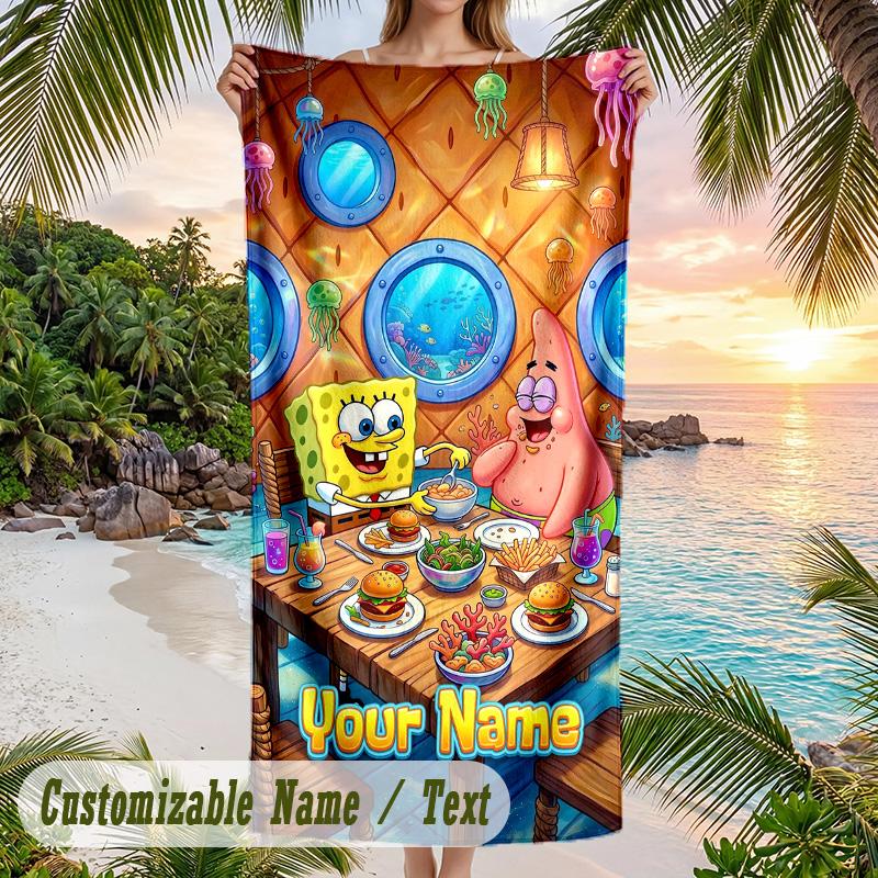 SpongeBob Beach Towel, Personalized Custom Text, Quick Dry Soft Large Towel For Swimming Pool Travel