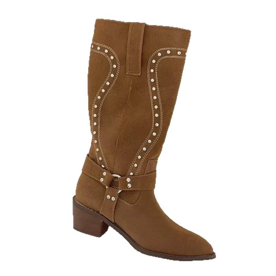 Retro brown boots children's 2025 new autumn and winter knee high boots rivet western knight boots