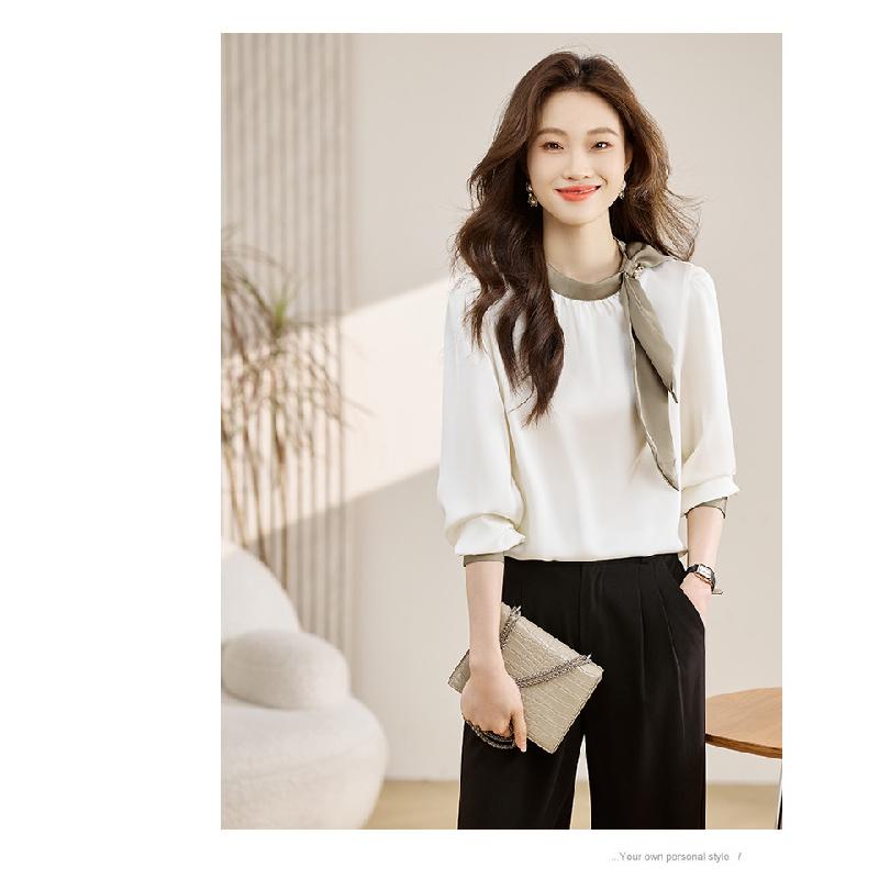 Gentle Collar Bow Tie Shirt for Women, 2026 Spring and Autumn New Style, Color Block Ribbon Design Satin Top