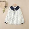 ZANZEA Women Splice Doll Collar Casual Long Sleeve Polka Dot Print Blouse