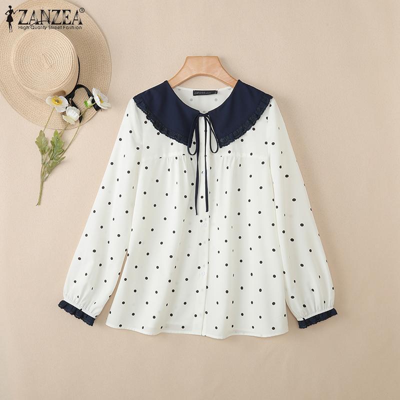 ZANZEA Women Splice Doll Collar Casual Long Sleeve Polka Dot Print Blouse