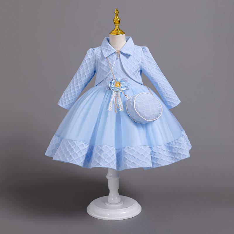 

Новое платье принцессы из 3 предметов для девочек, элегантное платье с длинными рукавами и вышивкой для девочек, детское платье для дня рождения + комплект сумок 110