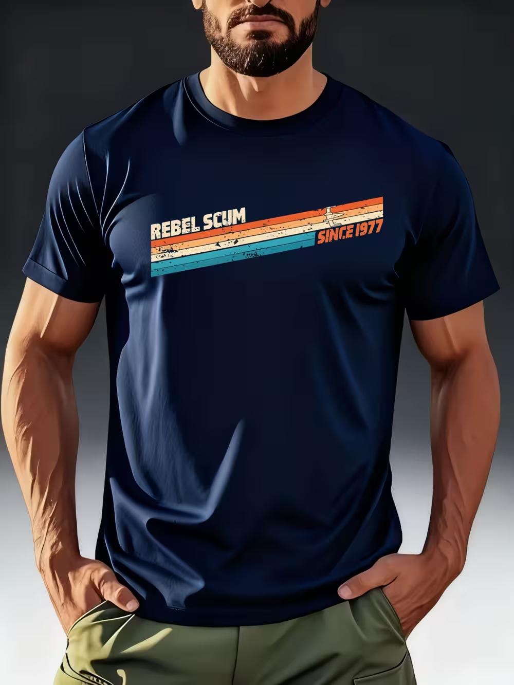 

Men S Short-Sleeve Sci-Fi Themed T-Shirt Featuring a Retro Rebel Scum 1977 Colorful Stripe Print XXXXL