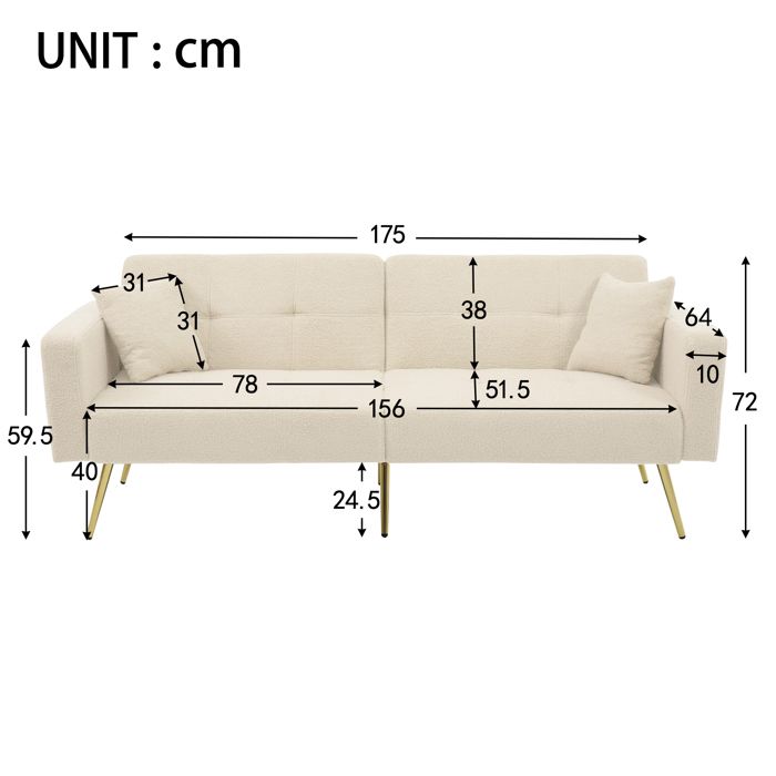 2 Seater Convertible Sofa, Adjustable Reclining Sofa Bed with Cushions and Side Storage Pockets - Lambswool - Beige